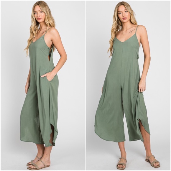 063 Solid Back Tie Cut out Wide Leg Cami Jumpsuit - Picture 5 of 9